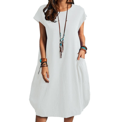 Solid Color Cotton Linen Loose Casual Pocket Dress Sleeveless